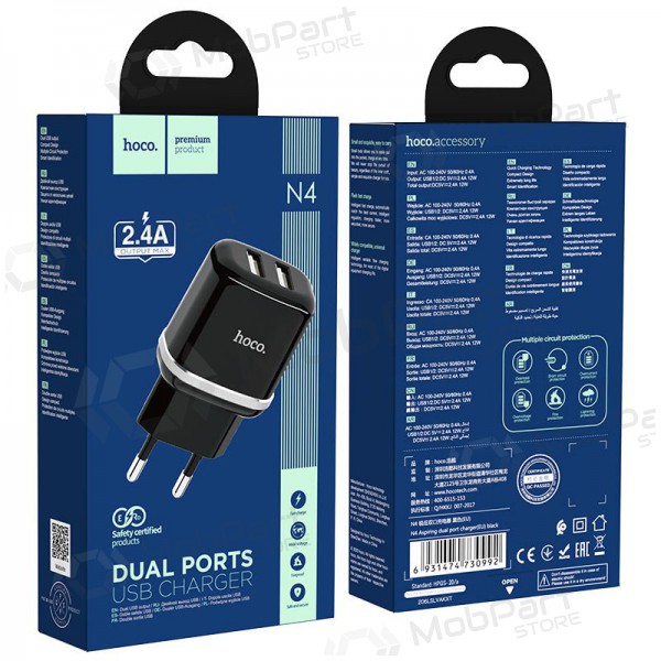 Carregador Hoco N4 x 2 USB  jungtimis (2.4A) (preto)