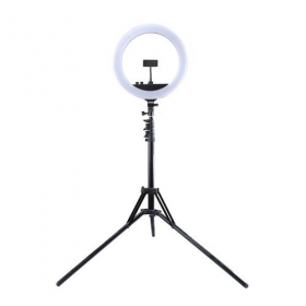 LED žiedinė lâmpada 34.5cm, su trikoju stovu iki 1.85m, veidrodžiu e telefono laikikliu, USB