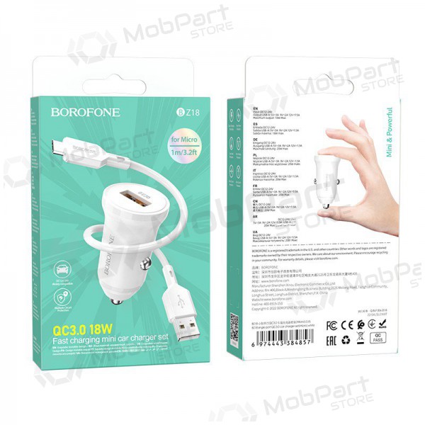 Carregador automobilinis Borofone BZ18 Quick Charge 3.0 18W + MicroUSB (branco)