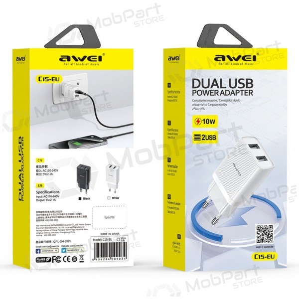 Carregador Awei C15T-EU 2xUSB-A 10W + USB to USB-C cable branco