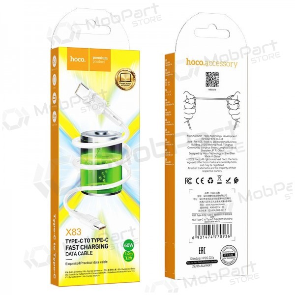 USB cabo Hoco X83 60W Type-C to Type-C 1.0m branco