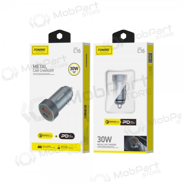 Carregador automóvel Foneng C16 30 W USB-C + USB-A cinzento
