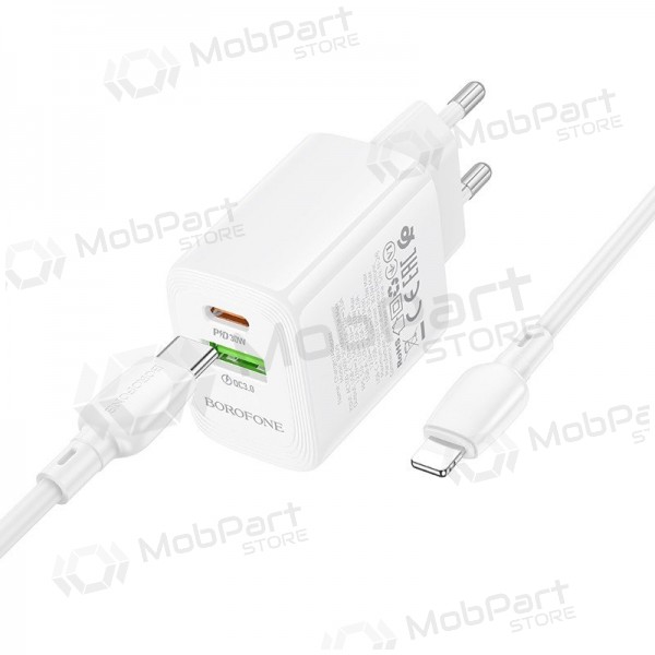 Carregador Borofone BN29 30W USB-C/USB-A + USB-C to Lightning cable 1.0m branco