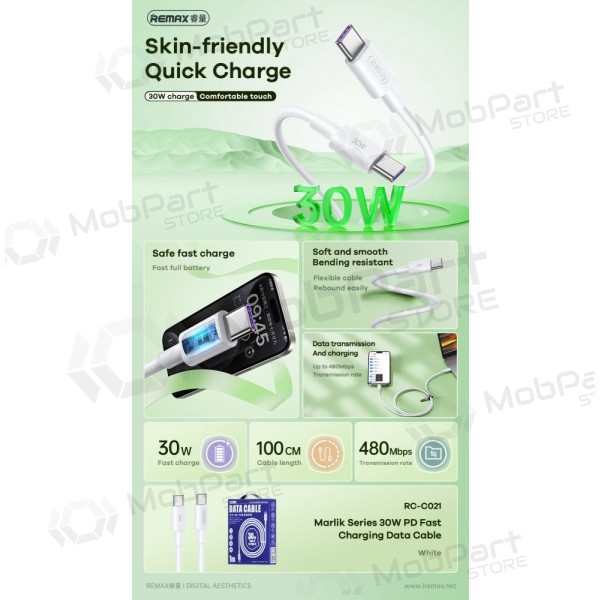 USB cabo Remax RC-C021 USB-C to USB-C 30W 2.0m branco