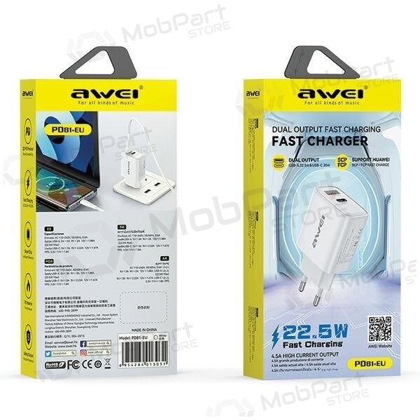 Carregador Awei PD81-EU USB-A/USB-C branco