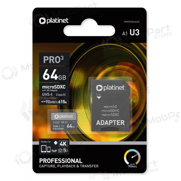 Cartão de memória Platinet MicroSD 64GB (class10 UHS-III 90MB/S) + SD Adaptador