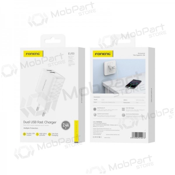 Carregador de telefone Foneng EU53 12 W USB-A branco.