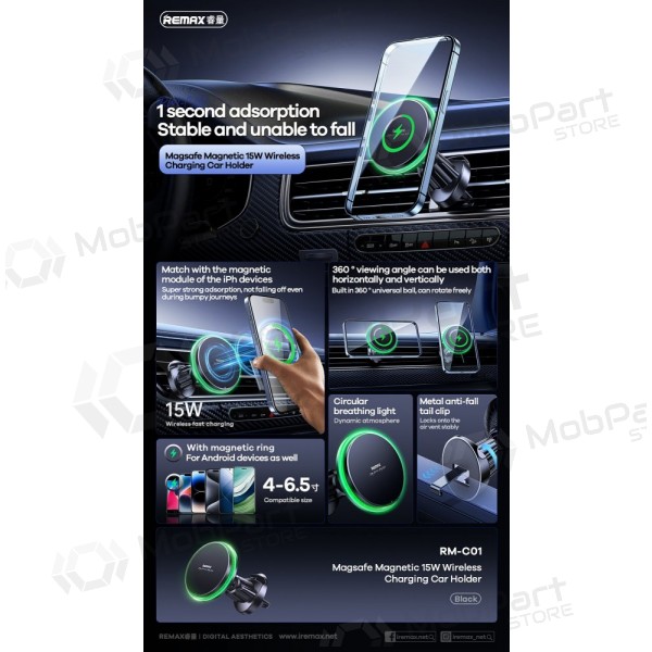 Automobilinis laikiklis-carregador Remax RM-C01 MagSafe 15W preto