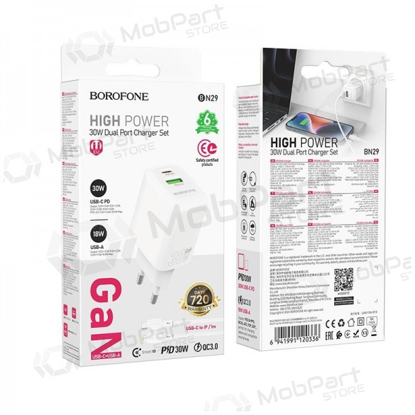 Carregador Borofone BN29 30W USB-C/USB-A + USB-C to Lightning cable 1.0m branco