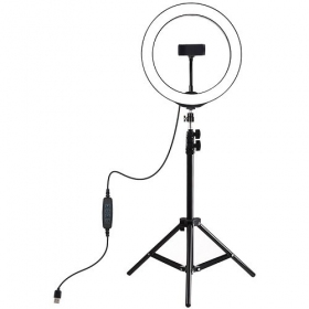 LED žiedinė lâmpada 26cm, su trikoju stovu iki 1.1m e telefono laikikliu, USB