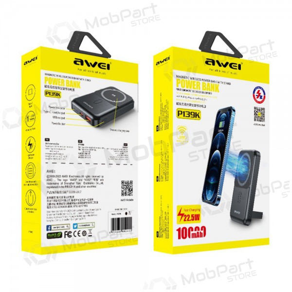 Bateria externa Power Bank Awei P139K 22.5W Magnetic Wireless 10000mAh preto