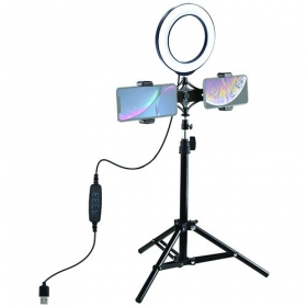 LED žiedinė lâmpada 16cm, su trikoju stovu iki 70cm e dvigubu telefono laikikliu, USB