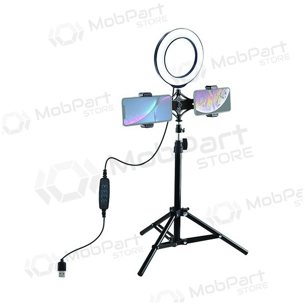LED žiedinė lâmpada 16cm, su trikoju stovu iki 70cm e dvigubu telefono laikikliu, USB LED žiedinė lâmpada 16cm, su trikoju stovu iki 70cm e dvigubu telefono laikikliu, USB