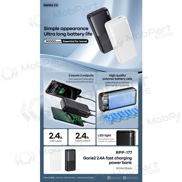 Bateria externa Power Bank Remax RPP-177 12W 30000mAh preto