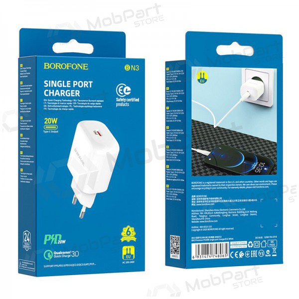 Carregador Borofone BN3 Type-C QC 3.0, PD 2.0 20W (branco)