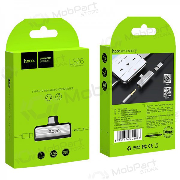 Adaptador Hoco LS26 iš Type-C į Type-C + 3,5mm (prata) Adaptador Hoco LS26 iš Type-C į Type-C + 3,5mm (prata)