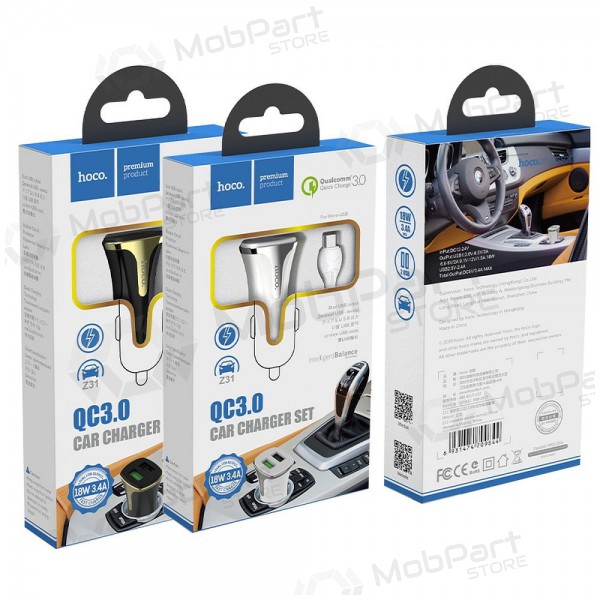 Carregador automobilinis Hoco Z31 Quick Charge 3.0 (3.4A) x 2 USB + microUSB (branco)