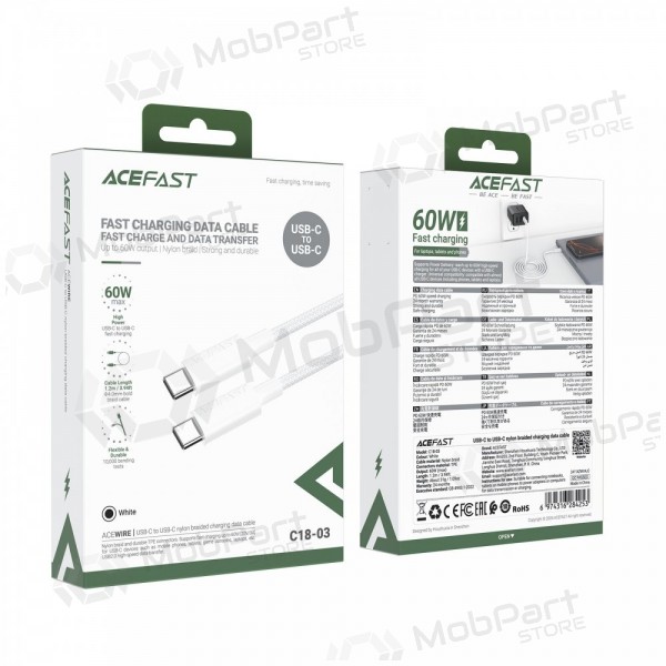 USB cabo Acefast C18-03 60W USB-C to USB-C 1.2m branco