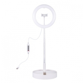 LED žiedinė lâmpada 26cm, su stovu iki 138cm, su telefono laikikliu, USB
