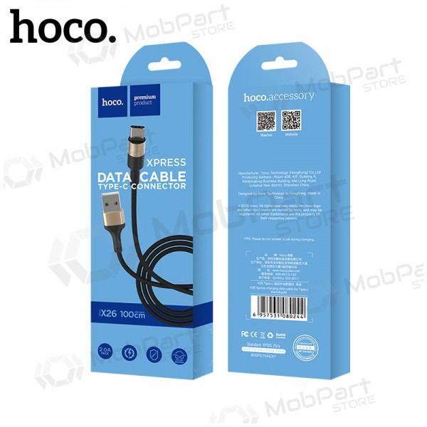 USB cabo Hoco X26 Type-C 1.0m (preto / dourado)