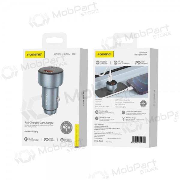 Carregador automotivo Foneng C18 48 W USB-C + USB-A cinza