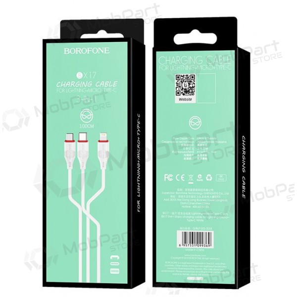 USB cabo Borofone BX17 3in1 microUSB-Lightning-Type-C (branco)