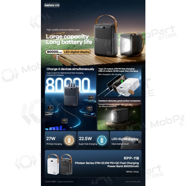 Bateria externa Power Bank Remax RPP-118 22.5W 80000mAh preto
