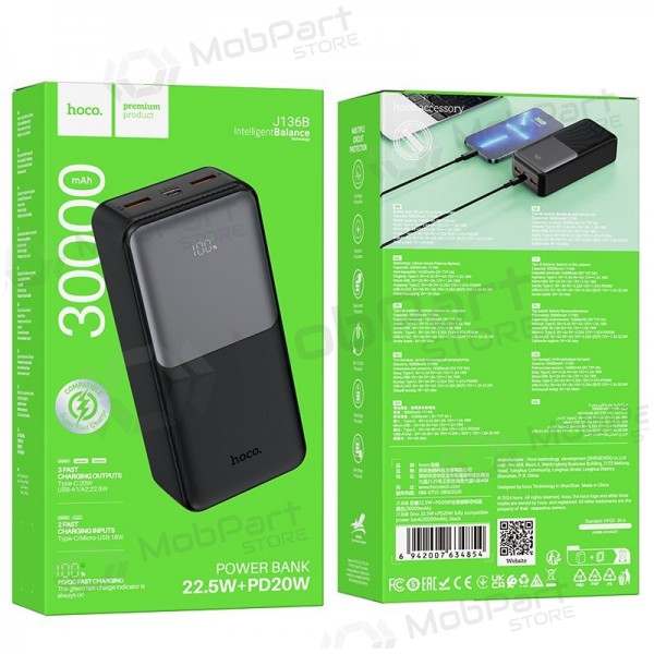 Bateria externa Power Bank Hoco J136B 22.5W+PD20W 30000mAh preto