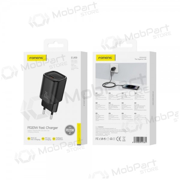 Carregador de telefone Foneng EU69 20 W USB-C preto
