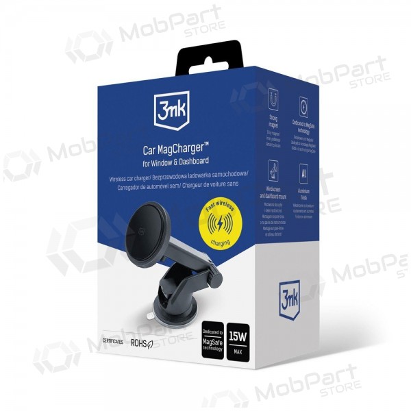 Suporte de telefone para carro com carregamento sem fios 3MK Car MagCharger 15 W no painel de bordo.