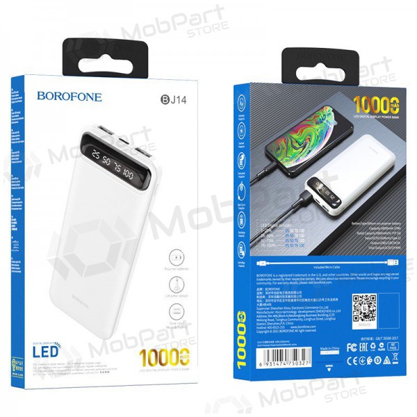 Bateria externa Power Bank Borofone BJ14 Type-C microUSB 2*USB (2A) 10000mAh branco Bateria externa Power Bank Borofone BJ14 Type-C microUSB 2*USB (2A) 10000mAh branco