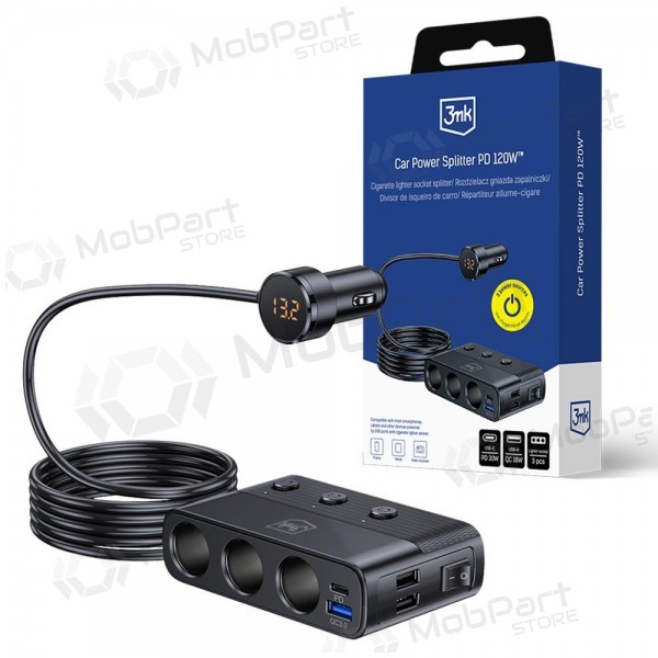 Carregador automotivo 3mk Car Power Splitter 120 W 3xUSB-A + USB-C 12V preto