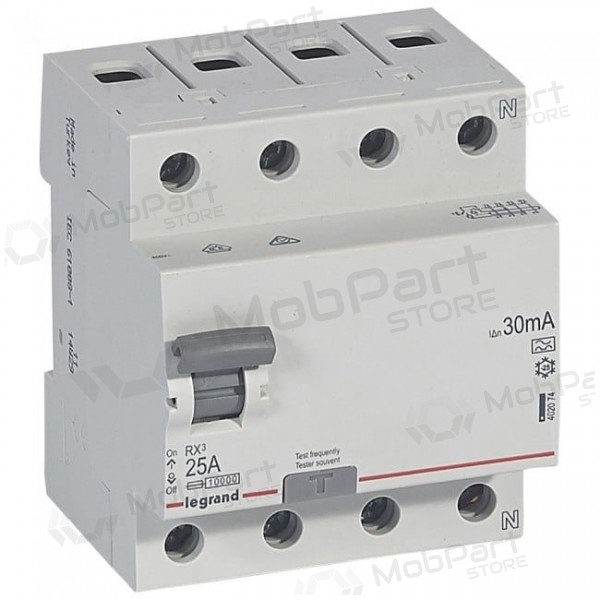 Srovės nuotekio relė su automatiniu jungikliu Legrand 402074 (A, 25A, 4P, 30mA, 400V)